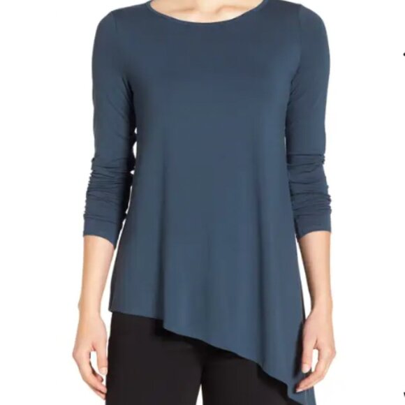 Eileen Risher Round Neck Lightweight Jersey Asymmetrical Hem Top - Picture 1 of 4